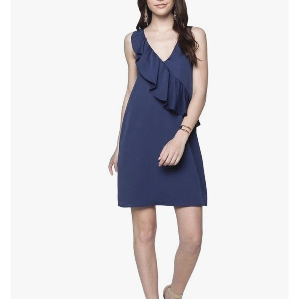 Everly Navy Blue Ruffle Front V-Neck Shift Dress  Womens Medium